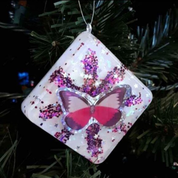 Set of 2 Butterfly Christmas Tree Ornaments Handmade Resin And Glitter - Picture 3 of 7